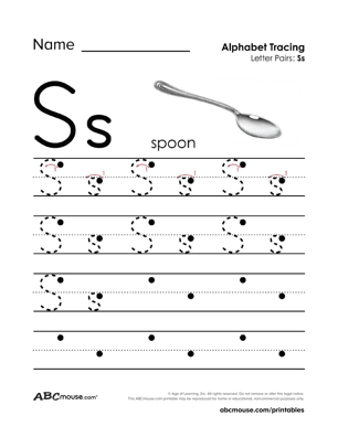 Free printable upper and lower case letter S is for spoon tracing page worksheet from ABCmouse.com.