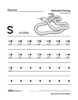 Free printable lower case letter S tracing page worksheet from ABCmouse.com.
