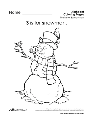 Free printable letter S is for snowman coloring page worksheet from ABCmouse.com.