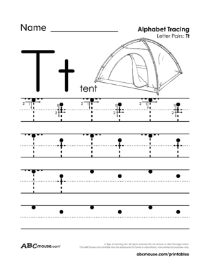 Free printable upper and lower case letter T traceable worksheet from ABCmouse.com. 