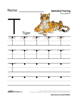 Free printable T is for tiger letter tracing worksheet from ABCmouse.com. 