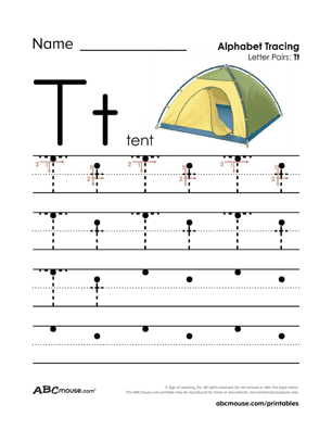 Free printable T is for tent  letter tracing worksheet from ABCmouse.com. 