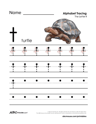 Free printable T is for turtle letter tracing worksheet from ABCmouse.com. 