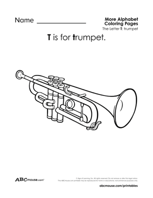 Free printable T is for trumpet worksheet from ABCmouse.com. 