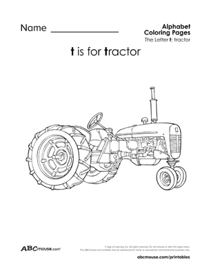 Free printable T is for tractor worksheet from ABCmouse.com. 