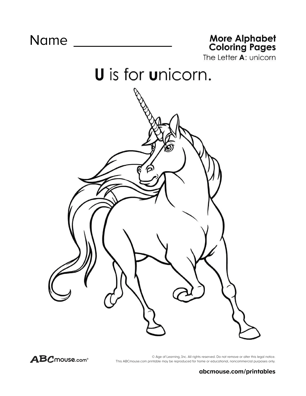 Free printable U is for unicorn coloring page worksheet from ABCmouse.com. 