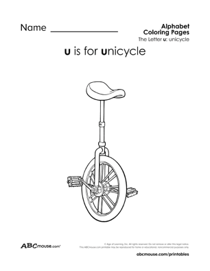 Free printable U is for unicycle coloring page worksheet from ABCmouse.com. 