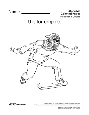 Free printable U is for umpire coloring page worksheet from ABCmouse.com. 