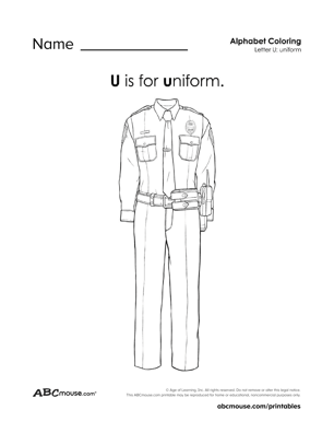 Free printable U is for uniform coloring page worksheet from ABCmouse.com. 