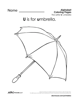 Free printable U is for umbrella coloring page worksheet from ABCmouse.com. 