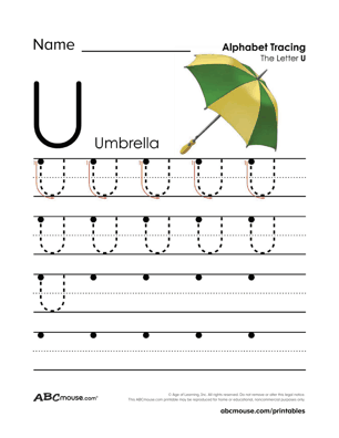 Free printable upper case letter U  is for umbrella worksheet from ABCmouse.com. 