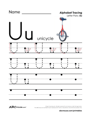 Free printable upper case letter U  is for unicycle worksheet from ABCmouse.com. 