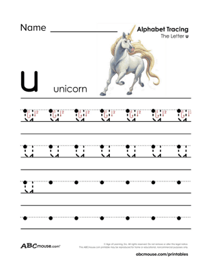Free printable lower case letter U  is for unicorn worksheet from ABCmouse.com. 