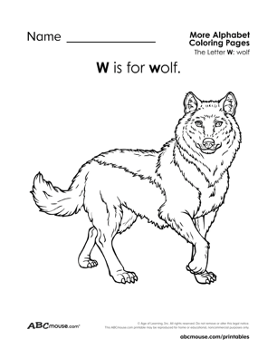 W is for wolf free printable coloring page worksheets from ABCmouse.com. 