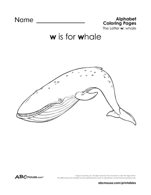 W is for whale free printable coloring page worksheets from ABCmouse.com. 