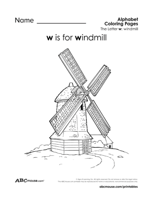 W is for windmill free printable coloring page worksheets from ABCmouse.com. 