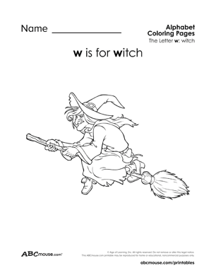 W is for witch free printable coloring page worksheets from ABCmouse.com. 