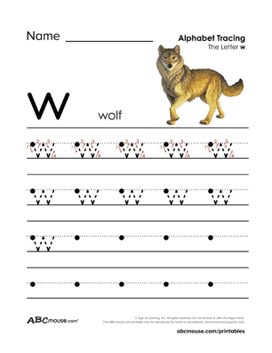 Free lowercase letter W is for wolf printable tracing worksheet from ABCmouse.com. 