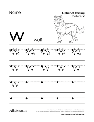 Free lowercase letter W printable tracing worksheet from ABCmouse.com. 