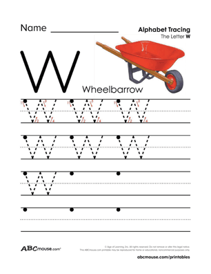 Free uppercase letter W is for wheelbarrow printable tracing worksheet from ABCmouse.com. 