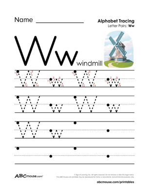 Free uppercase and lower case letter W is for windmill printable tracing worksheet from ABCmouse.com. 
