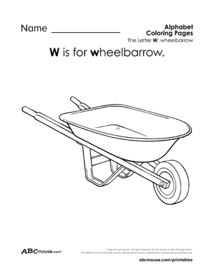 W is for wheelbarrow free printable coloring page worksheets from ABCmouse.com. 