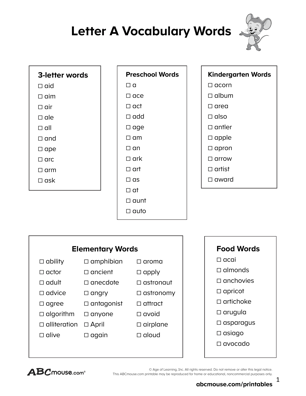 Free printable words that start with the letter A list for kids. 