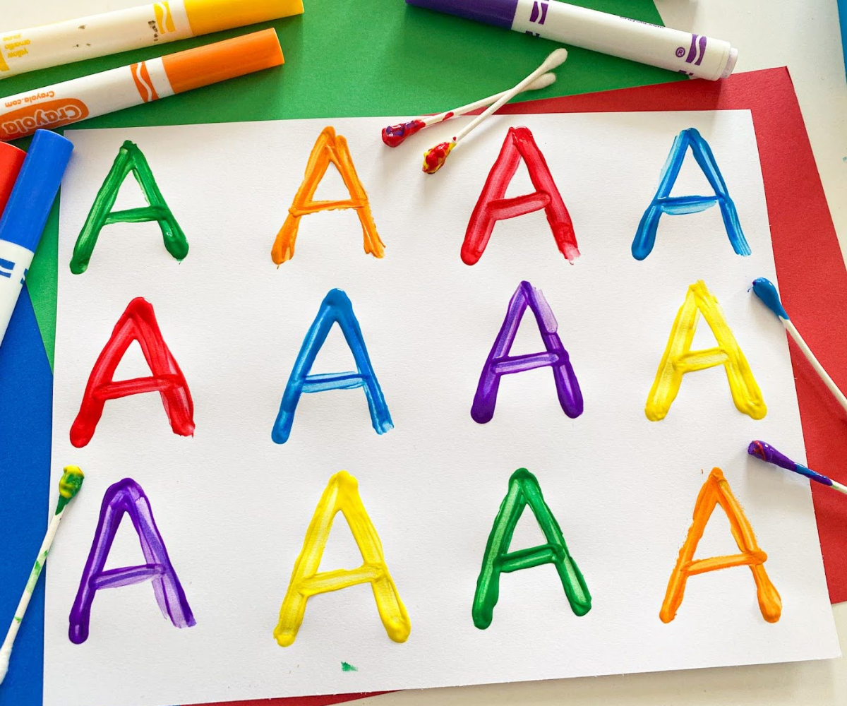 Colorful letter A craft painted with Q-tips. 