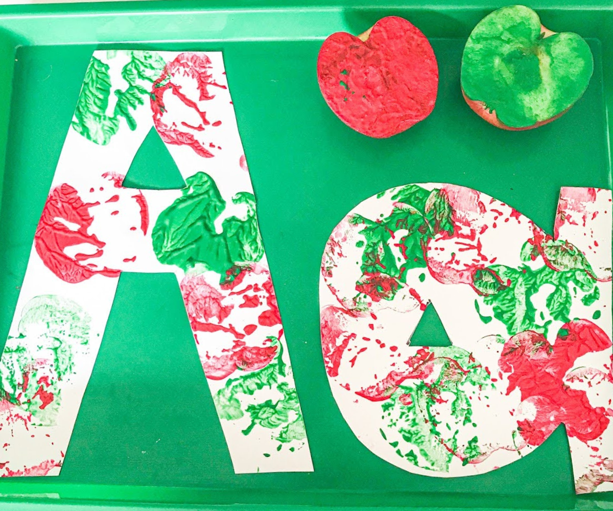 Colorful letter A craft with apple prints. 