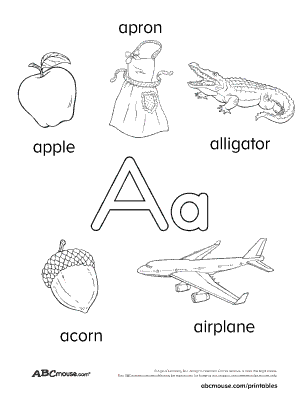 Free printable black and white letter A coloring sheet. 