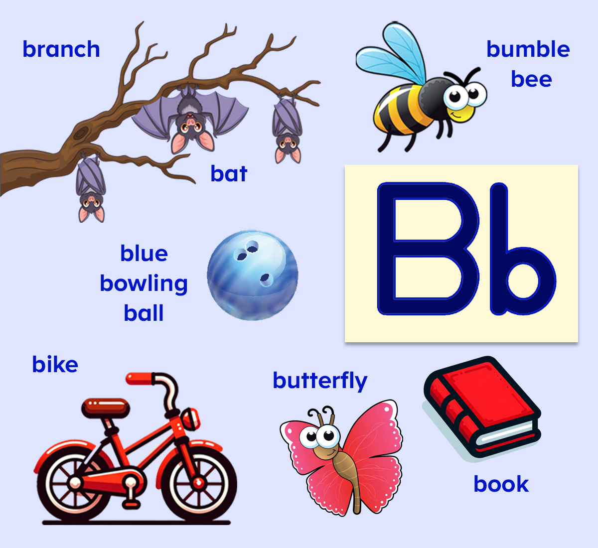 Words that start with the letter B visual word list for kids. 