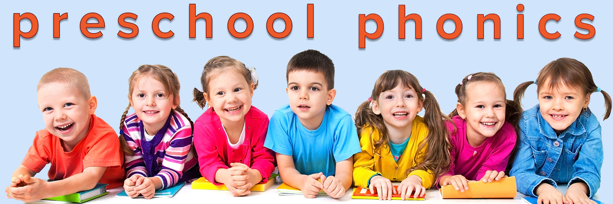 Preschoolers lined up in a row with the heading preschool phonics above them. 
