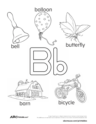 Free printable letter B coloring sheet of vocabulary words for kids. 