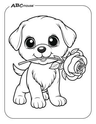 Free printable dog holding a rose coloring page for kids from ABCmouse.com. 