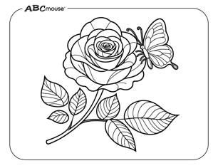 Free printable rose with butterfly coloring page for kids from ABCmouse.com. 
