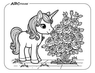 Free printable unicorn smelling roses coloring page for kids from ABCmouse.com. 