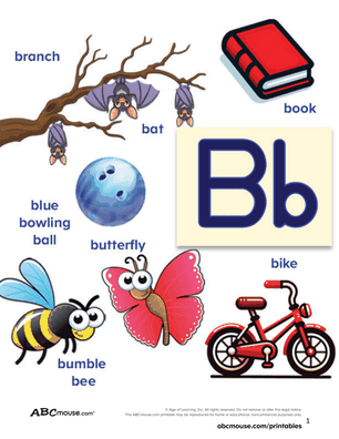 Free printable letter B colored sheet of vocabulary words for kids. 