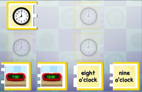 A screen shot of a fun ABCmouse telling time game. 