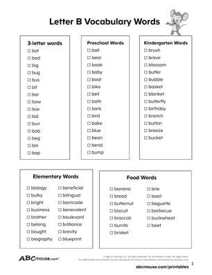 Free printable letter B vocabulary word list for kids. 