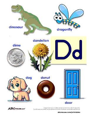 Free colorful words that start with the letter d printable poster for preschool and kindergarten. 