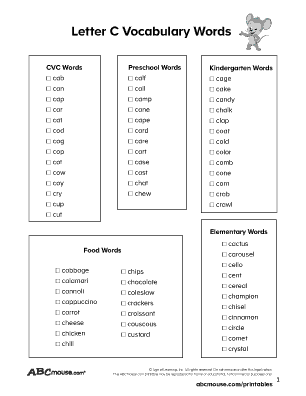 Letter c vocabulary words for kids free printable list. 