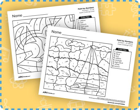 Free color by number printable worksheets for preschool children. 