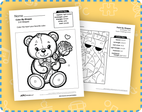 Free printable color by shape worksheets for kids from ABCmouse.com. 