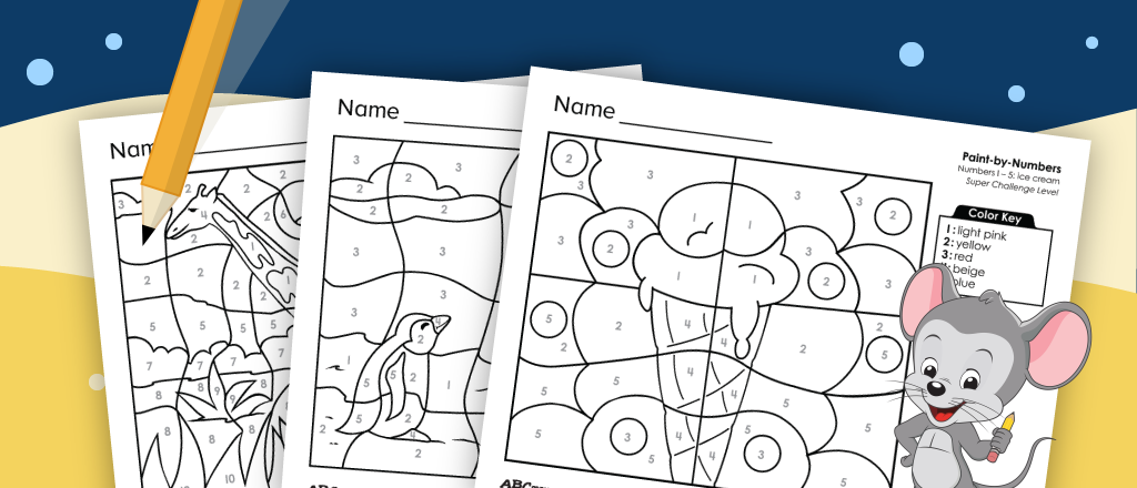Free color by number printable worksheets for preschool children. 