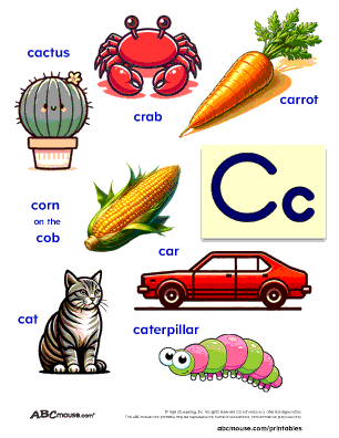 Colorful printable page of words that start with the letter C for kids. C is for cactus, c is for crab, c is for carrot, c is for corn on the cob, c is for cat, c is for caterpillar, c is for car.