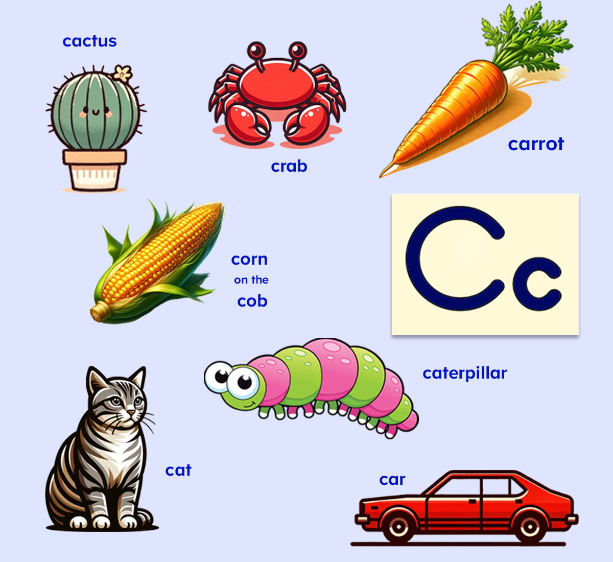 Words that start with the letter C for kids. C is for cactus, c is for crab, c is for carrot, c is for corn on the cob, c is for cat, c is for caterpillar, c is for car.