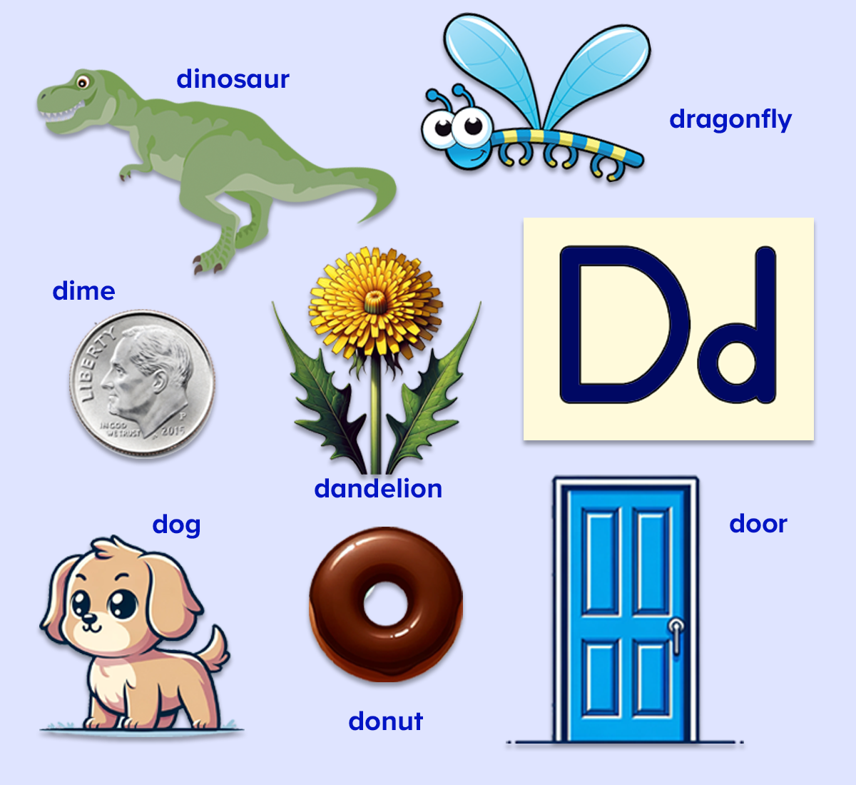 Colorful words that start with the letter d poster for kids. 