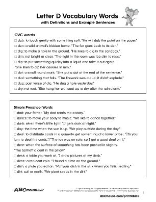 Free printable letter d vocabulary list with definitions and example sentences for kids from ABCmouse.com. 