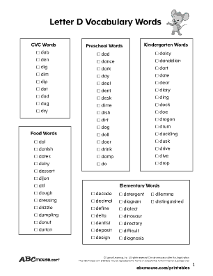 Free printable words that start with the letter d list for kids. 
