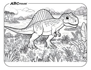 Free printable Spinosaurus near a river coloring page for kids from ABCmouse.com. 